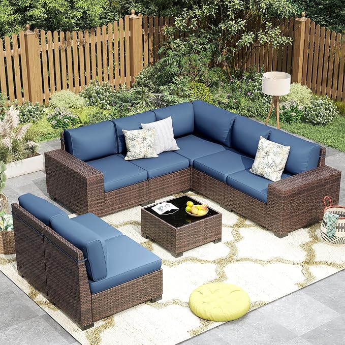 Outdoor Patio Furniture Set, Wide Outdoor Sectional Rattan Sofa Set, Wicker Patio Conversation Set w/Cover for Deck, Poolside, Porch, 8 PC (Brown & Navy)