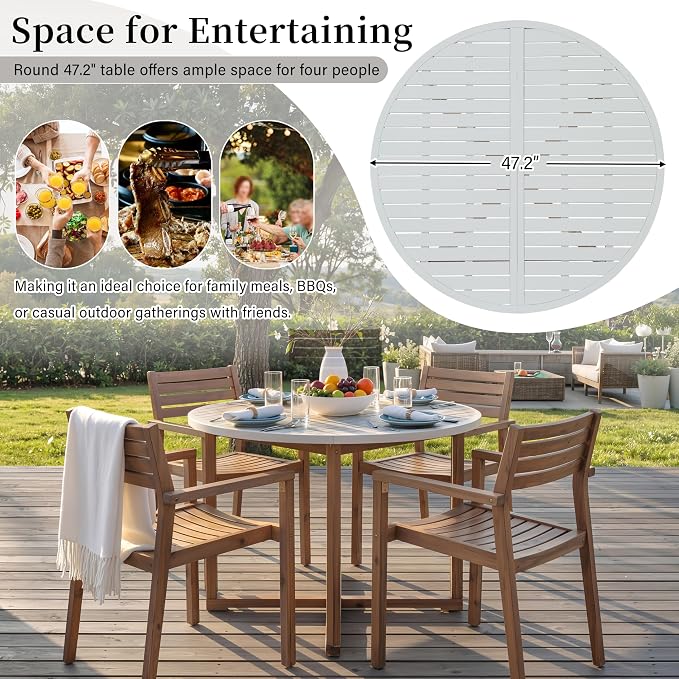 SOFTSEA 5-Piece Patio Dining Set, Acacia Wood Outdoor Table & Chairs, All-Weather Patio Round Dining Set for Garden, Deck, Poolside, Light Gray