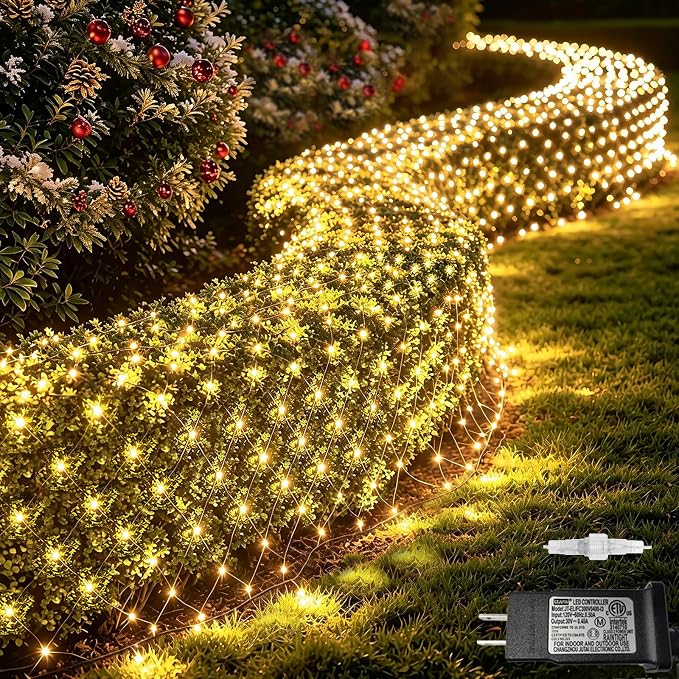 Warm White Net Lights, 34.5X 5ft Christmas Lights Outdoor Clear Wire | 610 LED Large Net Mesh Lights Plug in, 8 Modes Waterproof Connectable Bushes Lights for Christmas Hedge Yard Decor