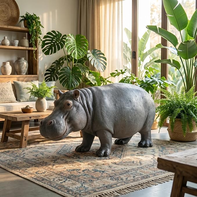 27.5" Lifelike Hippopotamus Garden Statue, Grey | Heavy-Duty Resin, Safari Yard Sculpture, Realistic Animal Figurine, For Outdoor Patio, Lawn & Poolside
