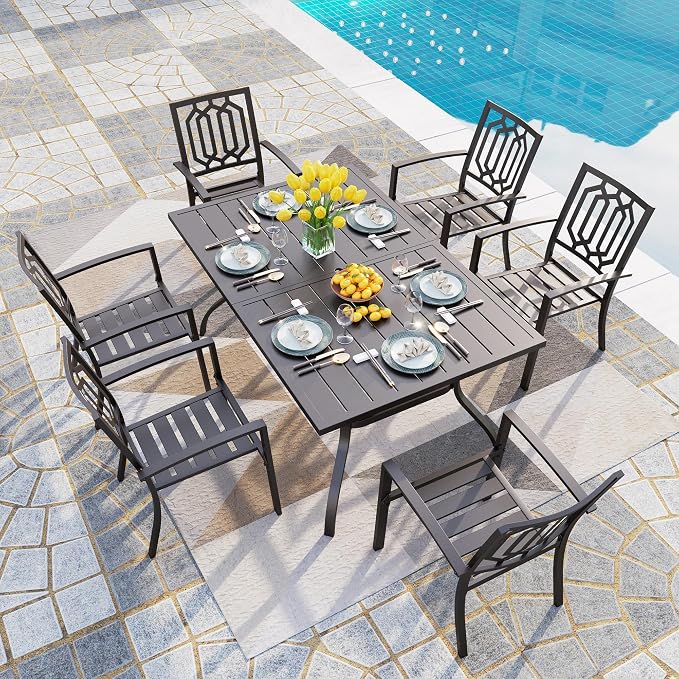 PHI VILLA 7 Pcs Patio Dining Set for 6& Rectangular Metal Table | Metal Steel Table with Umbrella Hole & Stackable Chairs, Heavy-Duty Furniture Set for Patio, Deck, Yard, Porch - Black