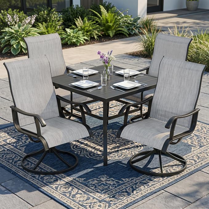 NUU GARDEN 5-Piece Patio Dining Set with Umbrella Hole, 4 High-Back All-Weather Textilene Swivel Chairs, Outdoor Furniture for Backyard, Poolside and Lawn, Black and Light Gray