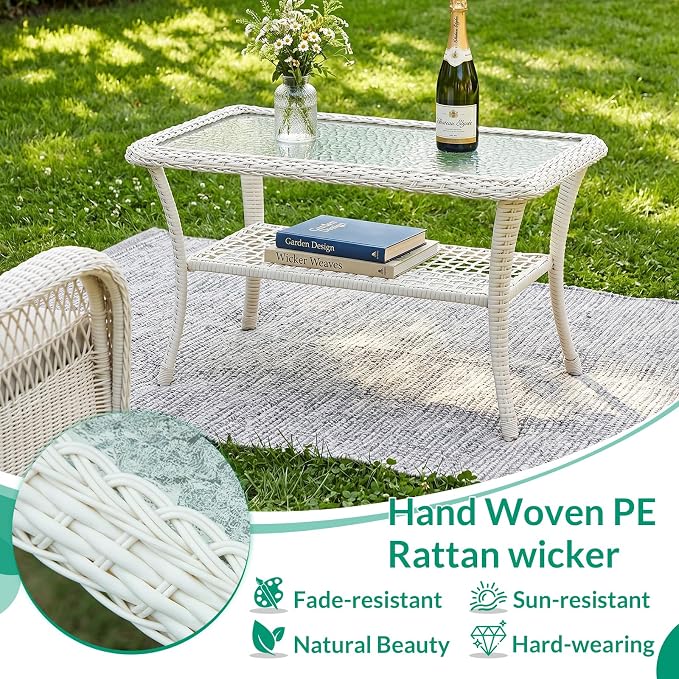VIVIJASON Outdoor Wicker Coffee Table, All-Weather Rattan Patio Coffee Table with 2-Tier Storage, Tempered Glass Top Rectangle Center Table for Deck, Garden, Balcony, Porch, Cream White
