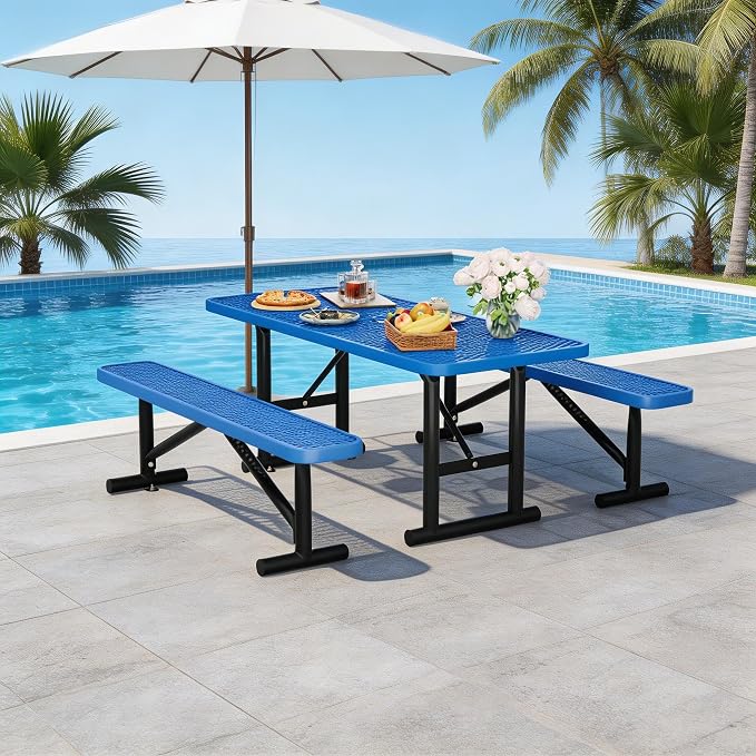 6FT Outdoor Metal Picnic Table with 2 Benches,Heavy Duty Rectangular Picnic Table Set for Outside, Waterproof Commercial Restaurant Table Furniture for Park, Campfield, Patio, Garden, Yard