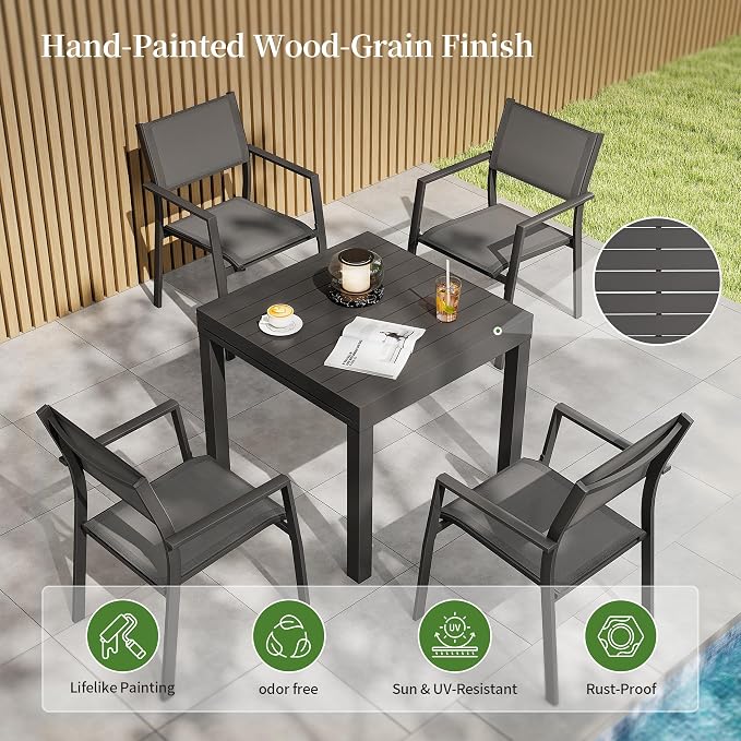 5 Piece Outdoor Dining Set, Expandable Outdoor Patio Dining Table Set for 4-6 Person, Aluminum Outdoor Table and 4 Chairs with Textilene Fabric & Armrest for Patio, Garden, Lawn, Deck(Black)