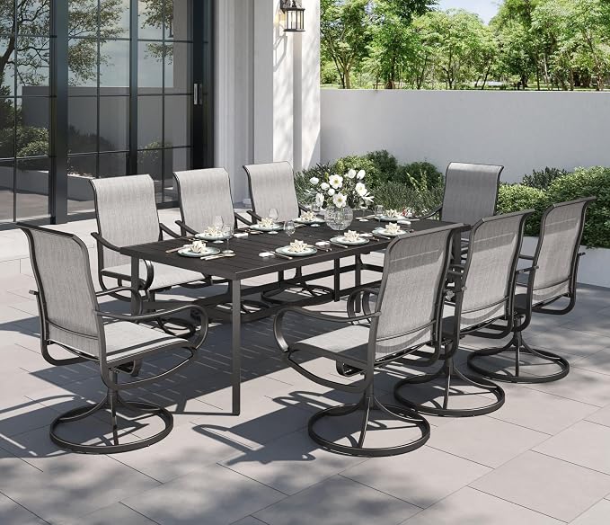 PHI VILLA 9 Piece Outdoor Dining Set, 82'' Metal Table & Grey Swivel Chairs | Textilene mesh chairs and large rectangle table. All-weather patio furniture set designed for patio, deck, backyard