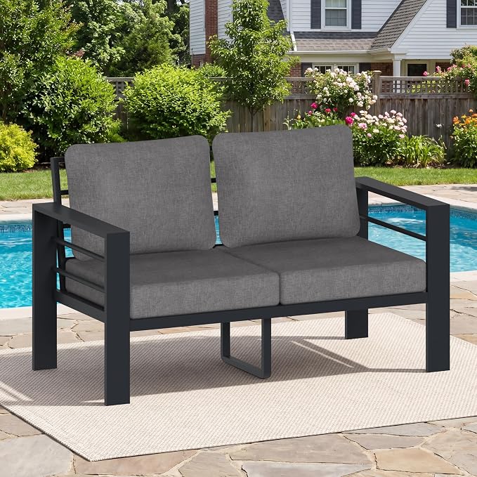 Patio Furniture Aluminum Loveseat, Modern Patio Patio Furniture with 3.54” Wide Seat and Thick Cushions, All-Weather Outdoor 2 Seats Sofa Couch for Deck, Porch