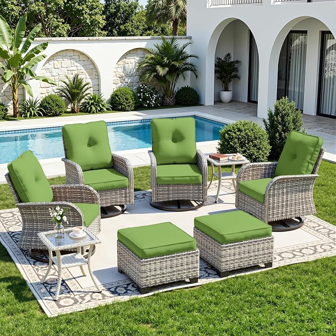 8-Piece Small Patio Furniture Set, Outdoor Swivel Rocking Chairs Set with Ottomans, Patio Bistro Set for Balcony, Deck, Porch, Grass Green