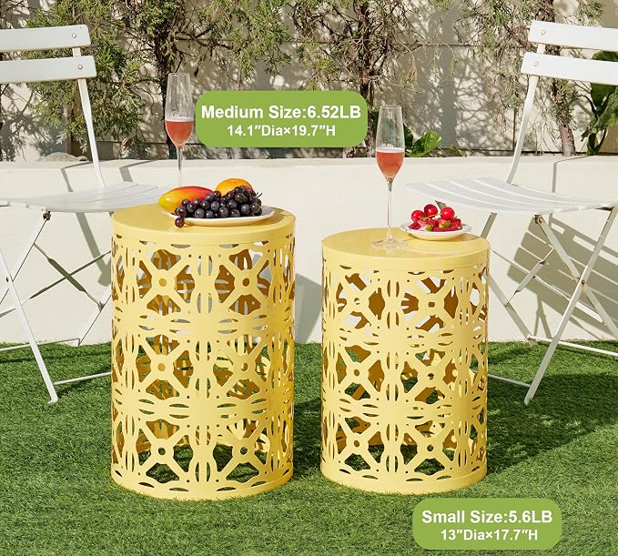 HFHOME Set of 3 Metal Outdoor Side Table, Round Coffee Table for Indoor Outdoor, Heavy Duty End Tables Plant Stand Garden Stool- Yellow