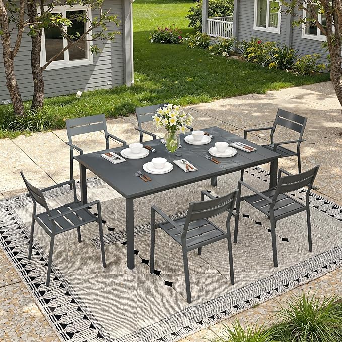 Patio Dining Set for 6, 63" Outdoor Dining Table and Chairs Set with Stackable Patio Chairs Outdoor Furniture for Garden Deck Backyard, Dark Grey Table and Grey Chairs