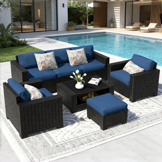 SHGJ&SOFT 7 Piece Outdoor Patio Furniture Set, Wicker Outdoor Sectional Sofa with Washable Cushion Covers and Tempered Glass Table, Rattan Conversation Set for Poolside,Balcony, Porch, Garden