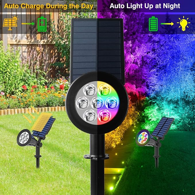 T-SUN Color Changing Solar Spot Lights Outdoor Waterproof, 7 LEDs, 4 Pack | 7 Color Changing Modes, IP65 Waterproof Dusk to Dawn Solar Uplights for Tree, Patio, Yard, Garden, Driveway, Pool Area