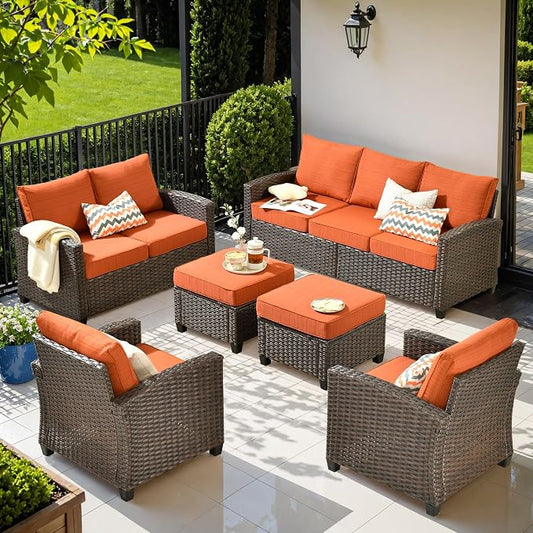ovios 6 Pieces Patio Furniture Set, Outdoor Wicker Sofa Couch with Loveseat Comfy Cushions, All Weather Brown Rattan Conversation Set for Backyard Deck Porch, Orange Red