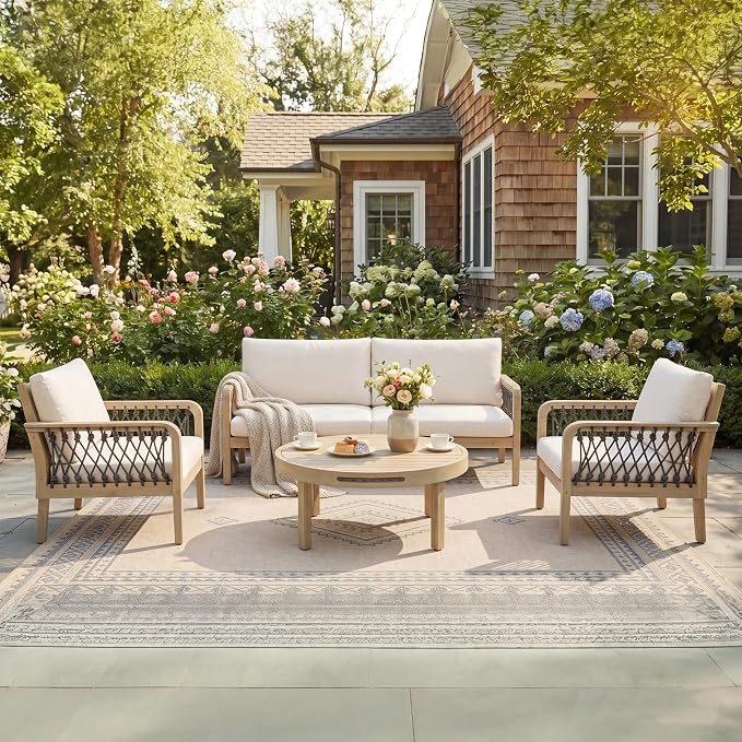 4-Piece Patio Conversation Set, All Weather Sectional Sofa Set w/ 2 Chairs, Loveseat & Round Coffee Table, Acacia Wood Outdoor Furniture Set with Rope Woven Armrests and Cushions (Light teak-6.9)