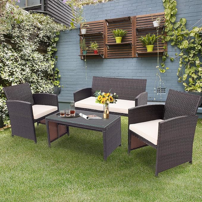 HAPPYGRILL Set of 4 Rattan Conversation Set Outdoor Wicker Furniture Set with Tempered Glass Coffee Table, Soft Cushions, Weather-Resistant Rattan Chair Set for Garden Backyard Poolside