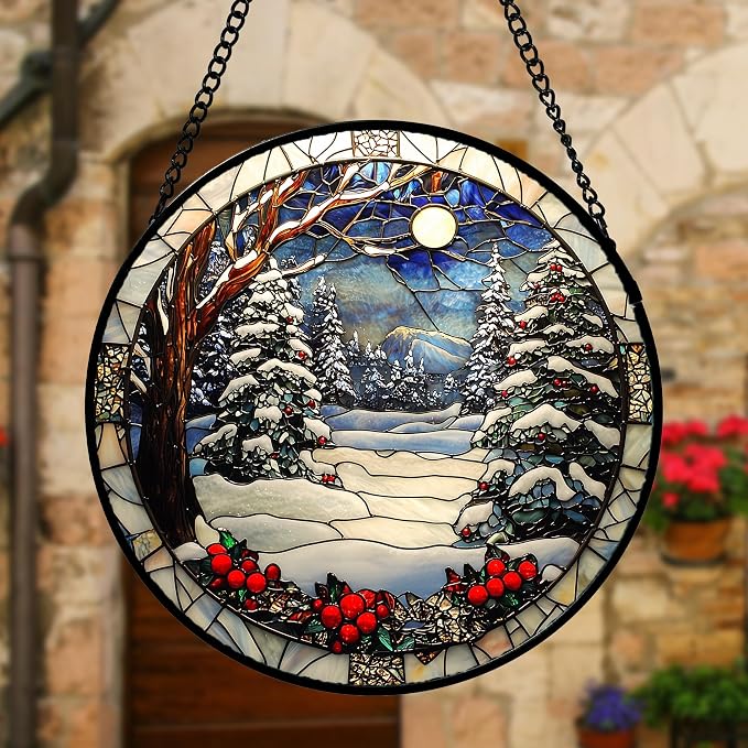 DASTOLL Stained Glass Window Hanging Christmas Tree Winter Snow Night Scenery 9.8" - Suncatcher Door Garden Kitchen Sun Catcher Home Decor Birthday for Mom Men Woman Friend