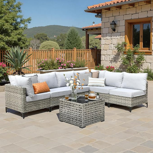 7 Pieces Wicker Patio Furniture Set,Outdoor Sectional Sofa with Coffee Table Comfy Cushions,Modern Modular Deep Seat Rattan Couch Conversation Set,Light Grey