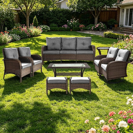 Outdoor Swivel Rocker Patio Chairs (Brown Wicker/Grey Cushion, 9PC/Sofa & Swivel & Chair &2 Table& Ottomans)