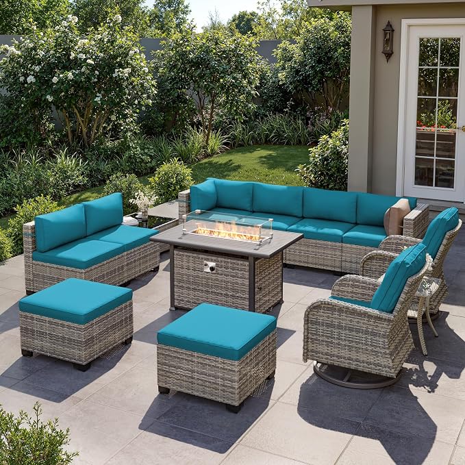 13-Piece Outdoor Patio Furniture Set with Rocking Swivel Chair, Wicker Rattan Sectional Sofa Conversation Set with 55,000 BTU Fire Pit Table with Ottomans, Backyard Furniture, Turquoise