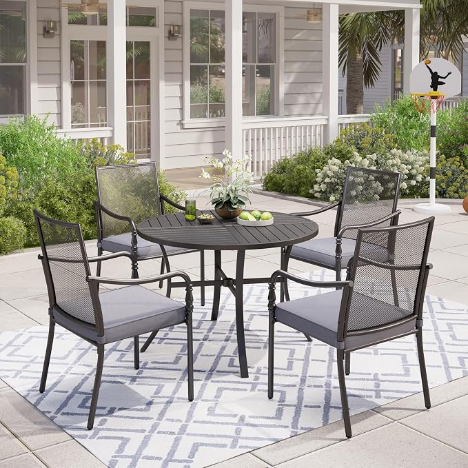 MIXPATIO 5 Piece Patio Metal Dining Set, Outdoor Table and Chairs for 4, Powder-Coating Steel Chairs with 4" Thickened Cushions, 42" Round Table with 1.57" Umbrella Hole for Deck, Backyard