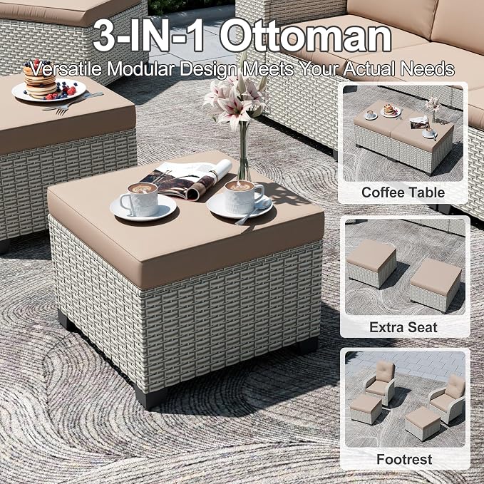 11-Piece Outdoor Patio Furniture Set, Modular Sectional Sofa Set with Swivel Rocker Chairs & Ottomans, Wicker Outdoor Couch Conversation Sets w/Coffee Table and Cushions, Khaki