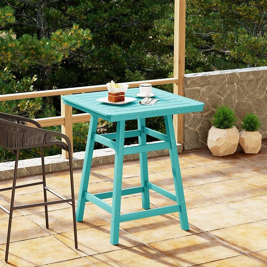 Costaelm Outdoor Bar Table, 37" Counter Height Square Patio Cocktail Bar Table with Umbrella Hole, Patio Bistro Dining Pub Table for Front Porch Deck Backyard Garden, Turquoise