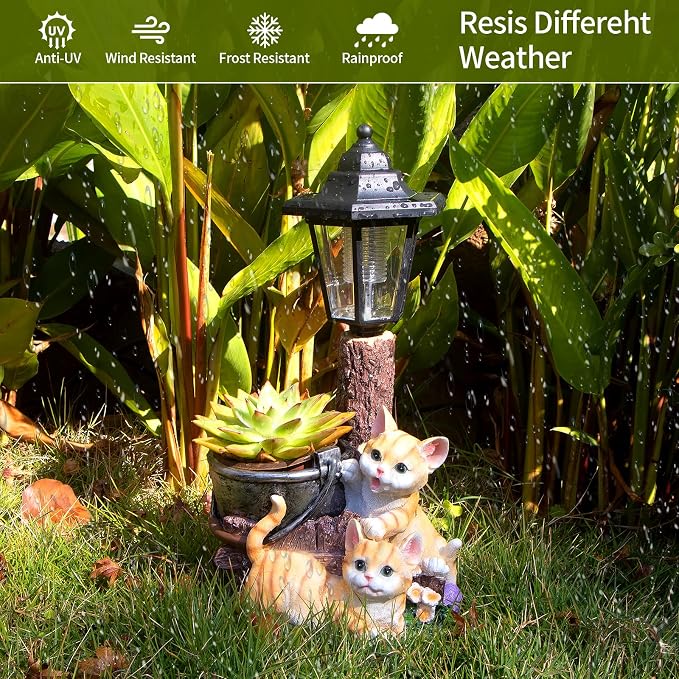 Solar Cat Outdoor Statues, Garden Sculptures with Flowerpot & Lantern | Cute Cat Figurines for Yard Art Lawn Ornaments Porch Patio Balcony - Idea Gifts for Women Mom Grandma
