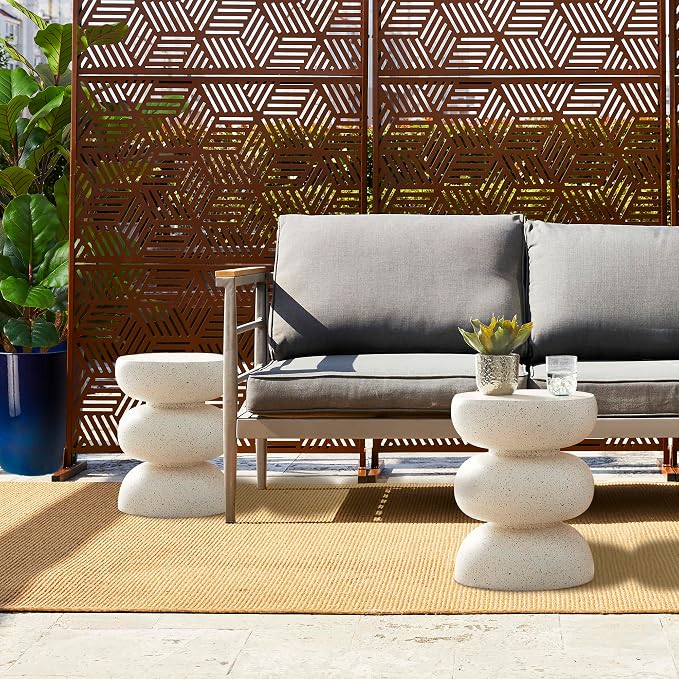 Glitzhome Outdoor Side Table, Round Small End Table with White Geometric Terrazzo Finish MGO Hourglass Garden Stool, Set of 2 Decorative Accent Table for Living Room Planter Stand Backyard Patio Porch