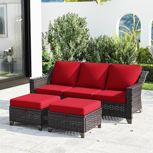 Joyside Patio Furniture Set, 3 Pieces Outdoor Wicker High Back Sofa with Ottoman and Comfy Cushions, Upgraded Large Size, All Weather High Back Conversation Set, (Brown/Red)