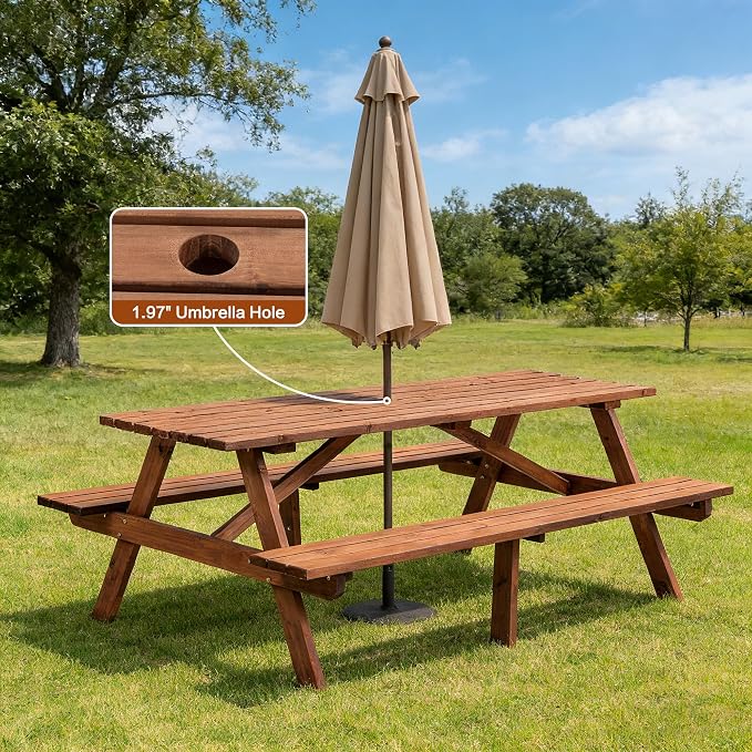 75'' Wooden Picnic Table,Outdoor Wooden Dining Rectangle Table w/Umbrella Hole,Picnic Table Bench Set for 6 or 8 Person, Natural for Camping, Garden & BBQ,Brown
