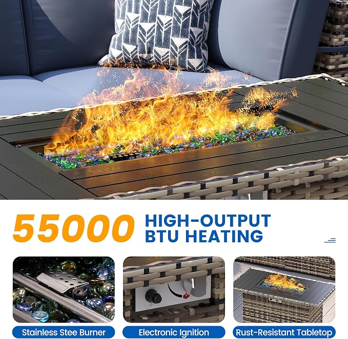 8 Pieces Outdoor Patio Furniture Set with 44" Fire Pit Table Yellow Rattan Sectional Conversation Sets w/Gas Fire Pit, Coffee Table, 1 Waterproof Covers, Navy Blue