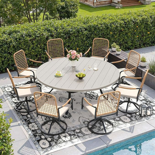 DIFY 9 Pieces Outdoor Dining Set for 8, 60" Round Dining Table with Umbrella Hole & Wicker Swivel Patio Chairs with Cushions, Metal Patio Table and Chairs Set for Backyard Porch, Grey Wood-Like