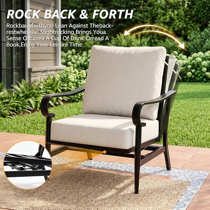 NATURAL EXPRESSIONS 4 Piece Patio Furniture Set, Vintage Metal Outdoor Conversation Set with High Back Rocking Motion Chairs, 5.5" Thick Cushions for Balcony, Porch