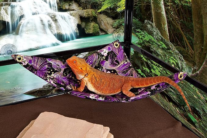 Hammock for Bearded Dragons, Purple Koi Fabric with Suction Cup Hooks
