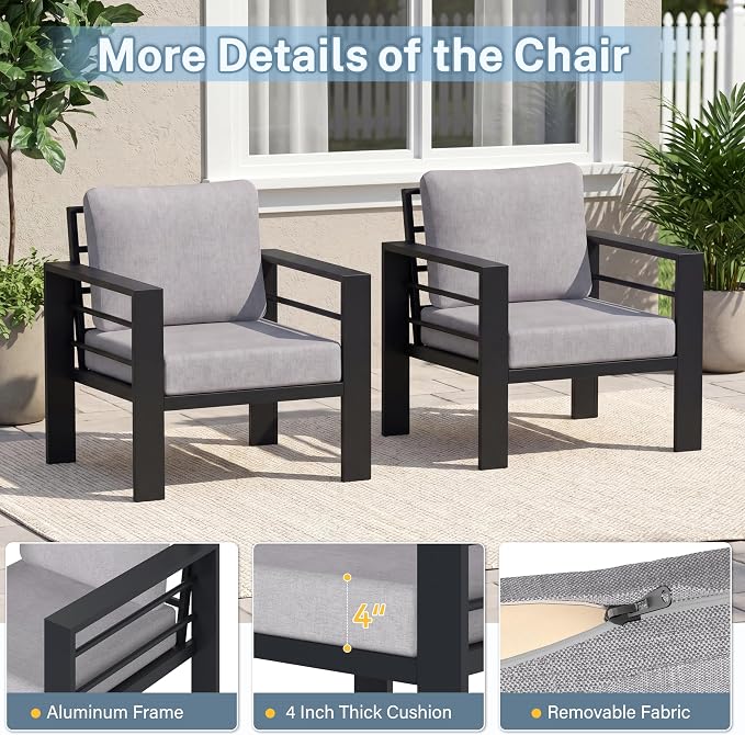 2 Pieces Outdoor Aluminum Armchair, Modern Patio Patio Furniture with 3.54” Wide Seat and Thick Cushions, All-Weather Outdoor Single Sofa for Deck, Porch