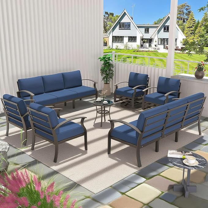 Aluminum Patio Furniture Set Patio Conversation Set,10 Seats Metal Modern Outdoor Furniture w/5.1" Cushions,Patio Sectional w/Swivel Chairs for Patio,Backyard,NavyBlue