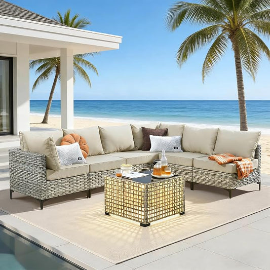 7 Pieces Patio Furniture Set with Solar Light Coffee Table, All-Weather Rattan Outdoor Sectional Conversation Sets L Shaped Sofas with Thick Cushions for Porch Balcony Backyard Beige