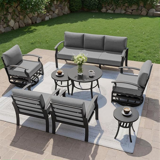 Kullavik Aluminum Patio Furniture Set,7 Piece Modern Metal Outdoor Patio Furniture w/5.1'' Thick Cushion,Swivel Chairs and Round Coffee Table,Patio Conversation Sets for Porch,Deck,Grey