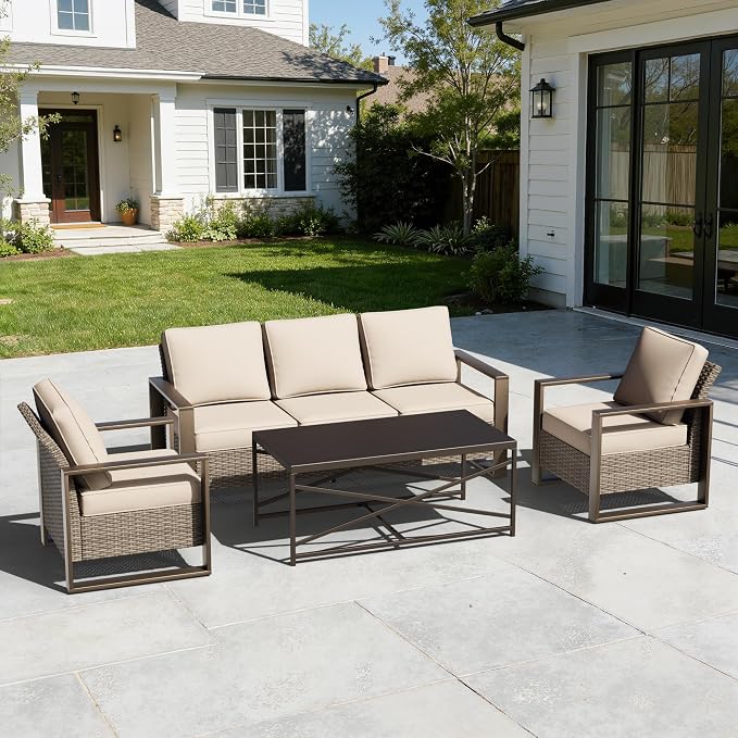 4 Pieces Patio Furniture Set with Wicker 75" Sofa, Two Armchairs, One Coffee Table, All Weather Outdoor Conversation Furniture Set with Metal Armrest & Removable Cushions for Deck, Beige