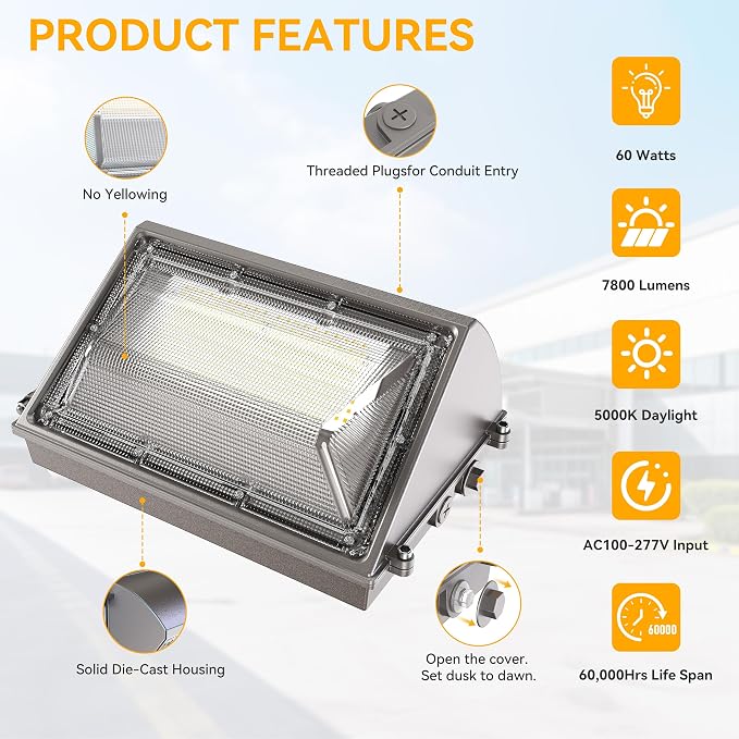 60W LED Wall Pack Light with Dusk to Dawn Photocell, 7800LM, 5000K | 100-277V, 0-10V Dimming, IP65 Waterproof Outdoor Wall Light Fixture, Commercial Exterior Lighting for Building, Parking Lot