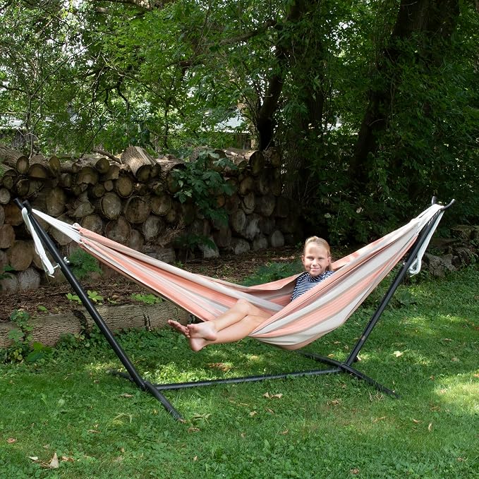Vivere Double Sunbrella Hammock with Space-Saving Steel Stand, Heavy-Duty Portable Outdoor Hammock Set for Backyard, Patio, or Travel, Cameo