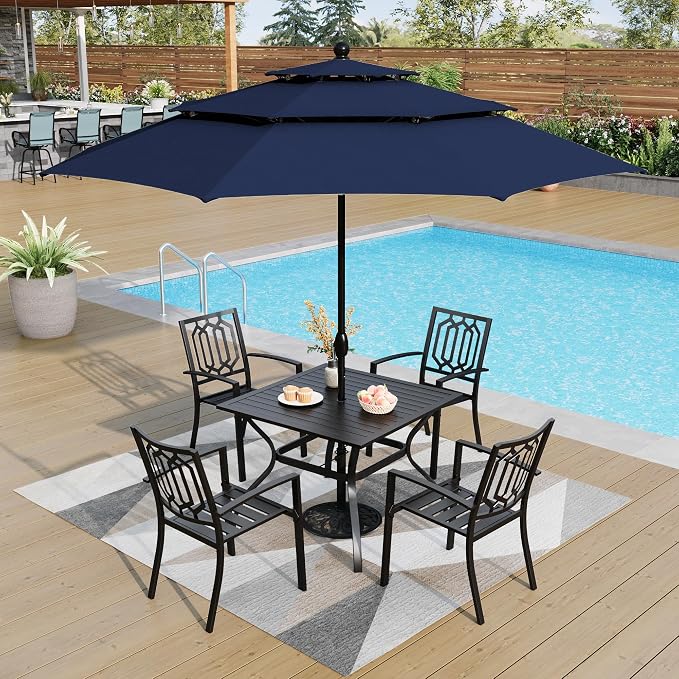 PHI VILLA 5 PCS Patio Dining Set w/Umbrella(Navy Blue) | 37" metal table w/ umbrella hole &4 stackable chairs& 10ft blue umbrella. Rust-resistant e-coated frame. Perfect for patio