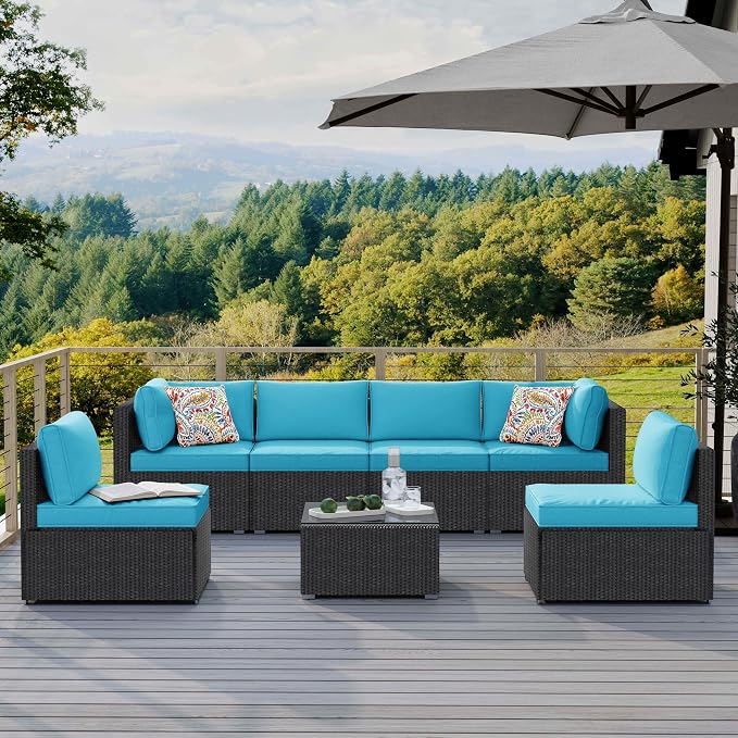 7-Piece Outdoor Patio Furniture Set – Handwoven All-Weather Rattan & 4” Thick Waterproof Cushions, Wicker Outdoor Conversation Sets with Coffee Table for Deck, Backyard, Garden, 2026, Black/Blue