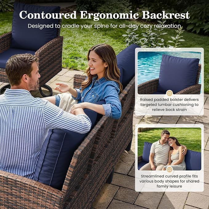 Amopatio Patio Furniture Set with Fire Pit Table,7 Pieces Conversation Set with 360°Swivel Chairs, All Weather Wicker Outdoor Furniture for Backyard Garden Pool Deck,Blue