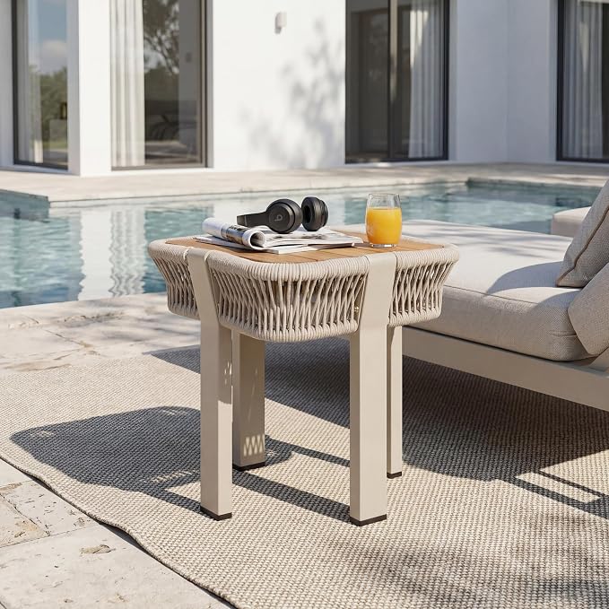 Acacia Wood Side Table, Square Outdoor End Table with Rope & Metal Frame, Small Outdoor Table for Patio, Garden, Poolside, Deck w/UV-Resistant Frame,120 lbs Capacity, Beige+Teak
