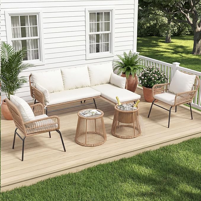 6-Piece Boho Outdoor Patio Furniture Set, L-Shaped Wicker Sectional Sofa with Ice Bucket Table & High Back, Sturdy 500lbs Frame for Garden Balcony Deck or Backyard, Beige