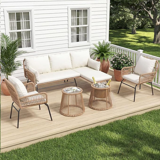 6-Piece Boho Outdoor Patio Furniture Set, L-Shaped Wicker Sectional Sofa with Ice Bucket Table & High Back, Sturdy 500lbs Frame for Garden Balcony Deck or Backyard, Beige