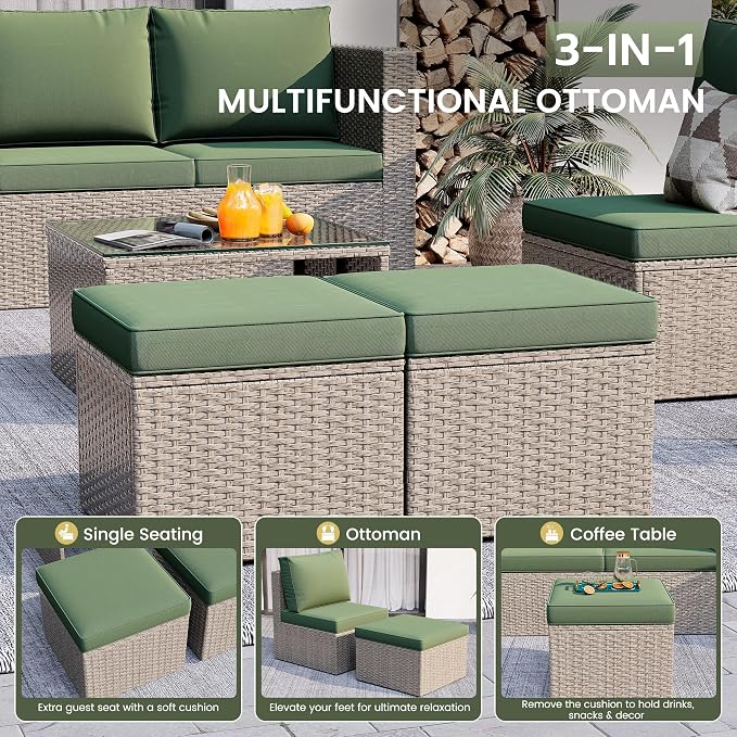 Amopatio Patio Furniture Set, All-Weather Wicker Outdoor Conversation Set with Glass Coffee Table, Cushions & Ottomans for Deck Backyard Porch Lawn Green