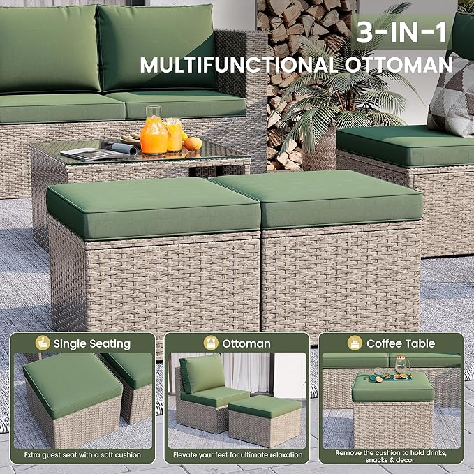 Amopatio 7 Pieces Patio Furniture Set with Fire Pit Table, All-Weather Wicker Outdoor Conversation Sofa Set with Glass Coffee Table, Cushions & Ottomans for Deck Backyard Porch Lawn Green