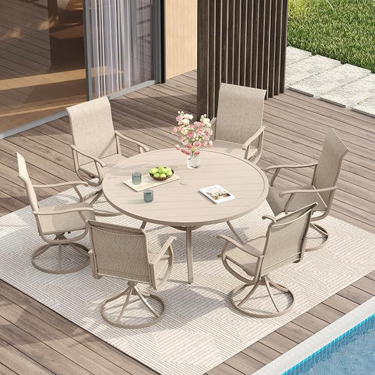 VICLLAX Patio Dining Set for 6, 7 Pieces Outdoor Furniture Includes 47.2" Round Patio Table with Umbrella Hole and 6 Outdoor Swivel Chairs for Lawn Garden, Sandshell Tabletop and Fabric